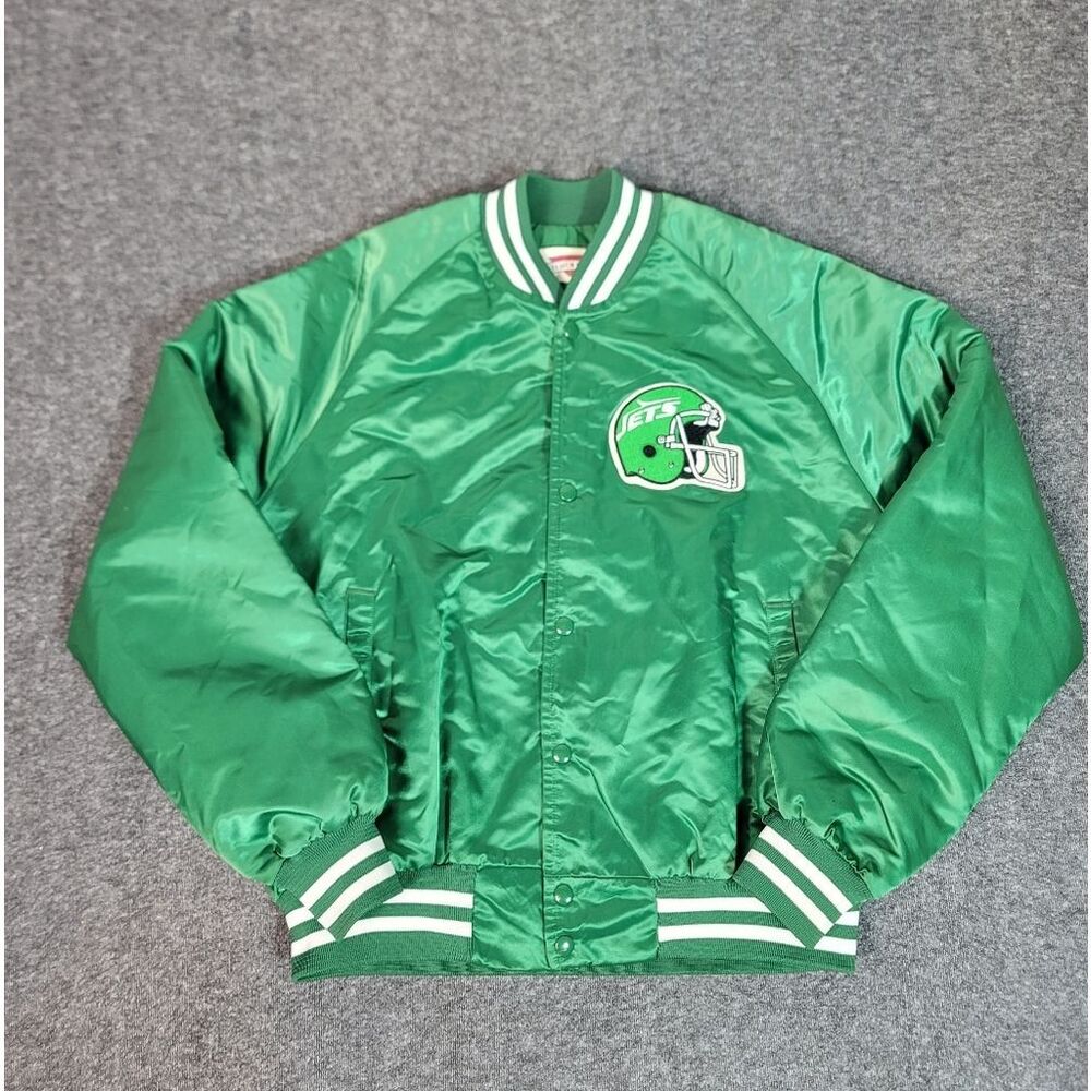 Vintage 90s New York Jets Satin Jacket Stadium Club Green Snap Button Mens L NFL
